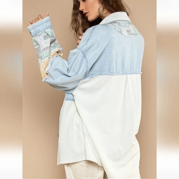 New! POL Oversized Contrast Denim Ivory Fabric Panels Button Down Shacket - Picture 7 of 13